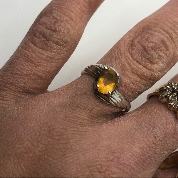 ANTIQUE Sterling & Citrine Stone Ring Woodgrain Design Band Sz 7.75 - Picture 10 of 11